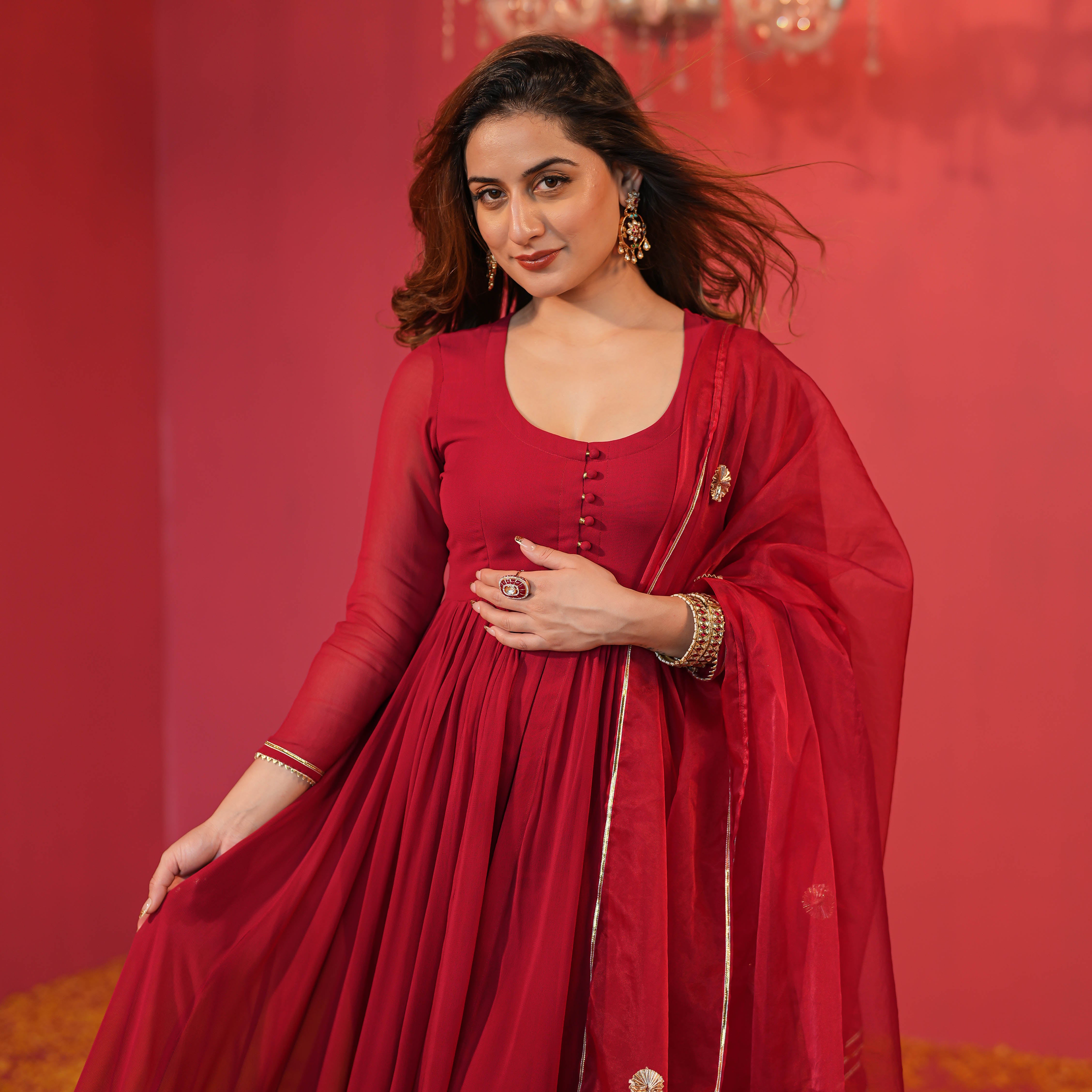 Maroon Full Sleeve Georgette Designer Suit Set For Women Online